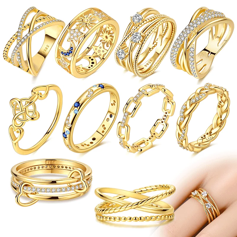 

Original 925 Sterling Silver Golden Series Geometry Rings Sparking Zirconium Simple Plain Rings Unique Anniversary Jewelry Gifts