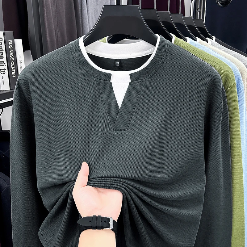 Advanced Buttonless O-Neck Long Sleeved T-Shirt New Style Cotton Autumn Solid Fake Two-Piece Tops Fashion Casual Men's Clothing