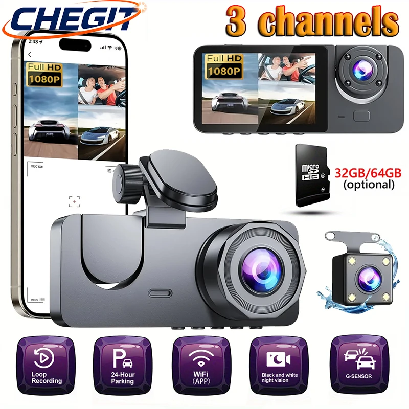 Triple Lens WiFi APP control Dashcam 2/3 Channel 1080P HD Video Recorder, Night Vision Car DVR with Wide Angle for Front and Rea