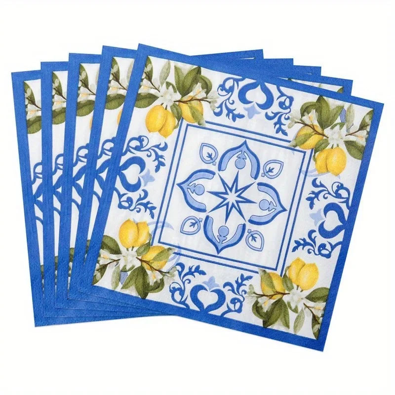 Tovagliolo usa e getta in porcellana di limone Tovagliette in carta stampata bianca blu per forniture per il layout del tavolo da pranzo per feste di matrimonio