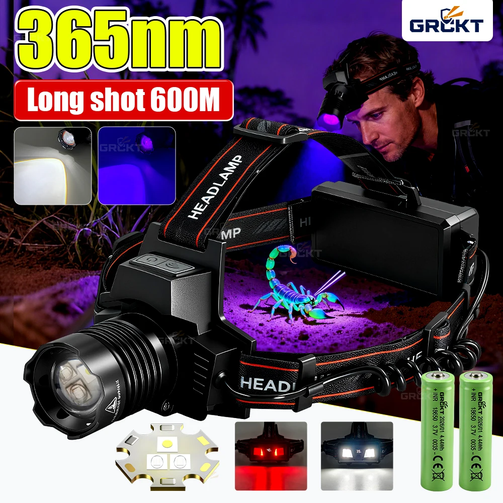 365NM UV Flashlight Headlamp USB Rechargeable 18650 Head Torch Power Bank Purple Light Leak Detection Scorpion Finding Repair