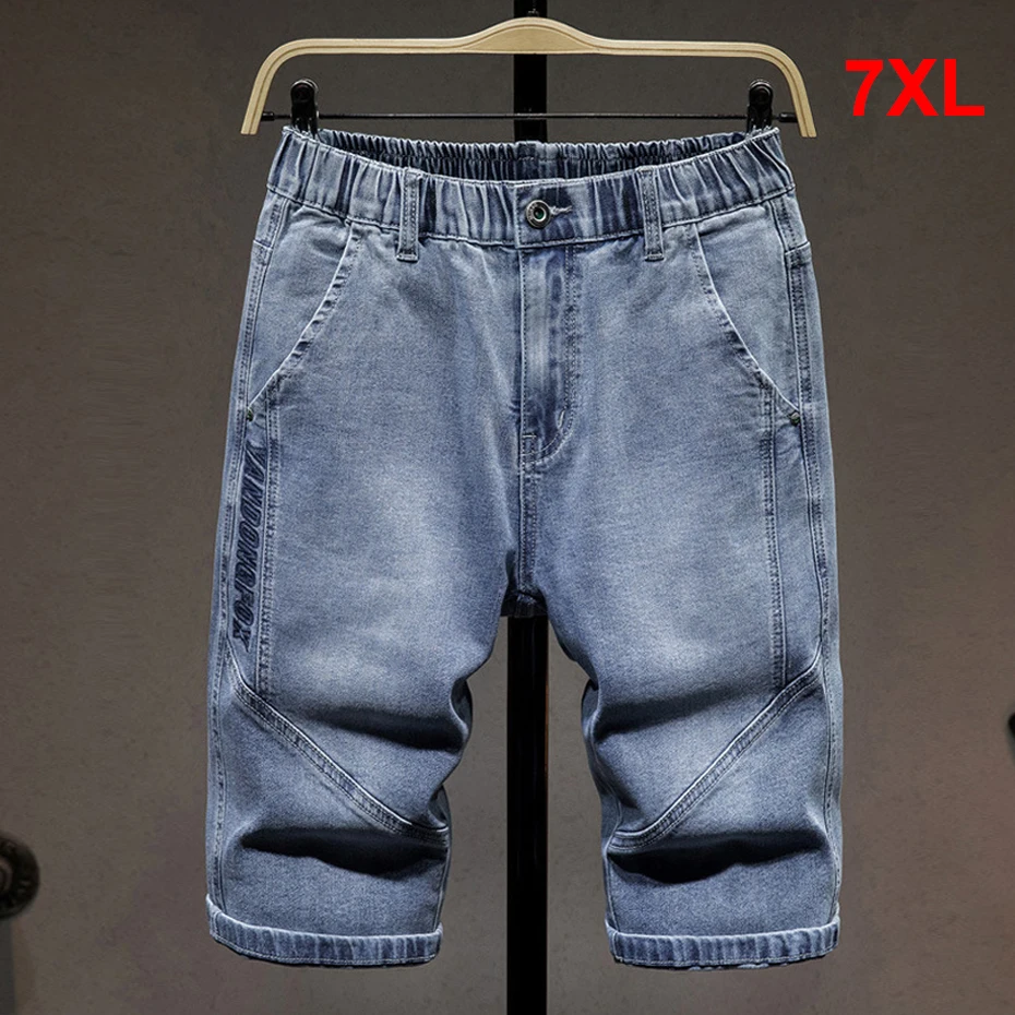 

Vintage Denim Shorts Men Plus Szie 7XL Summer Knee Length Jean Shorts Baggy Cargo Shorts Fashion Elastic Waist Short Pants Male