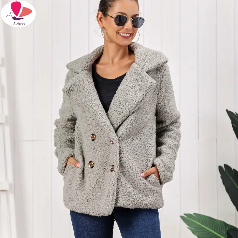 

Autumn Winter Double-breasted Women's Jacket Fur Coat Turndown-collar Loose h Coat Women Teddy Jacket Sheepskin Coat