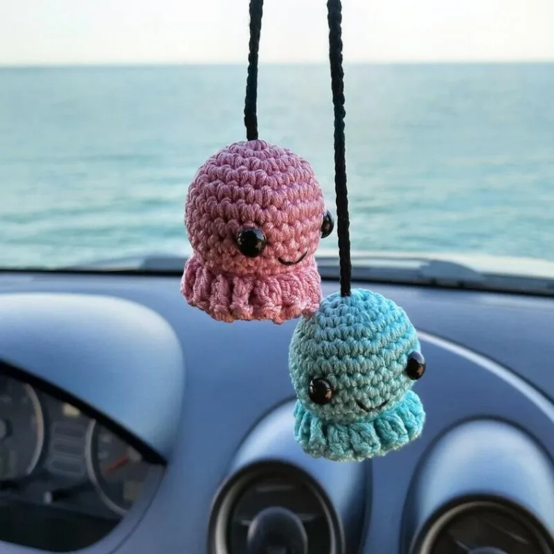 Handmade Crochet Swing Specter Animal Car Mirror, Hanging Flower Decor, Teens Interior Rear View Mirror Accessories, Gadgets