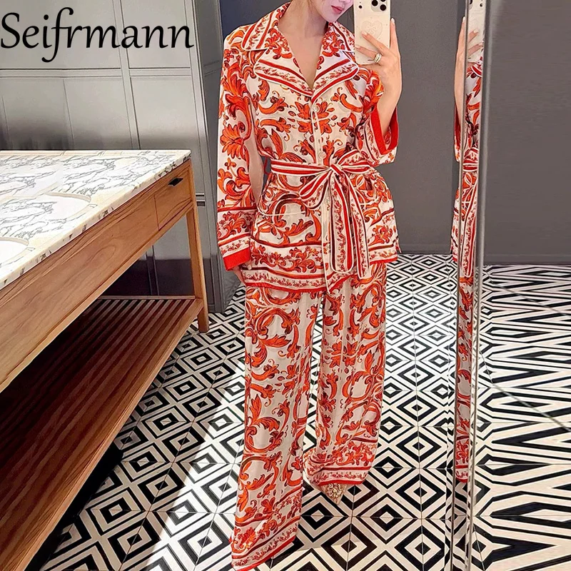 Seifrmann Casual printed silk two-piece lapel long-sleeved top high-waisted trousers suit 2026 summer new women's clothing
