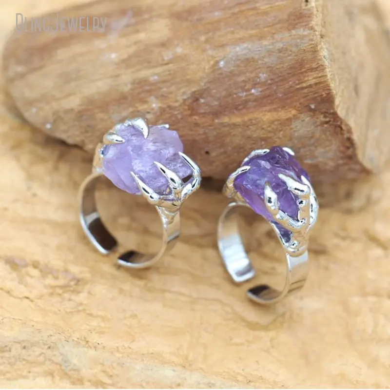 10pcs Claw Amethyst Crystal Gemstone Women Adjustable Ring Goth Witch Boho Talisman Jewelry Wedding Anillo