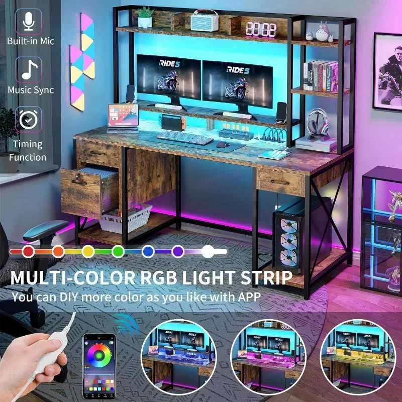 Computer Desk with Drawers & Hutch, 59.1" Office Desk with LED Lights & Power Outlets