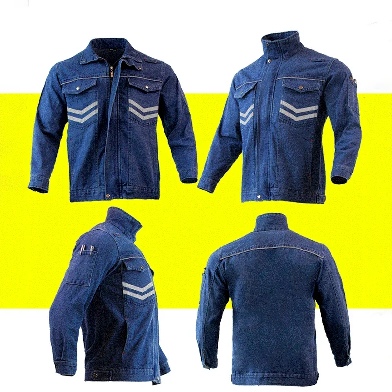 Cotone riflettente saldatura Denim abbigliamento da lavoro uomo donna antiscottatura scintillante uniforme riparazione di sicurezza tuta da officina durevole