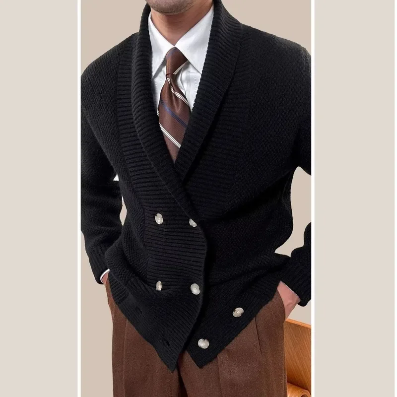 Men's Casual Loose Knit Cardigan Green Fruit Collar Sweater Korean Style Spring Autumn Versatile Jacket Trendy Fashion
