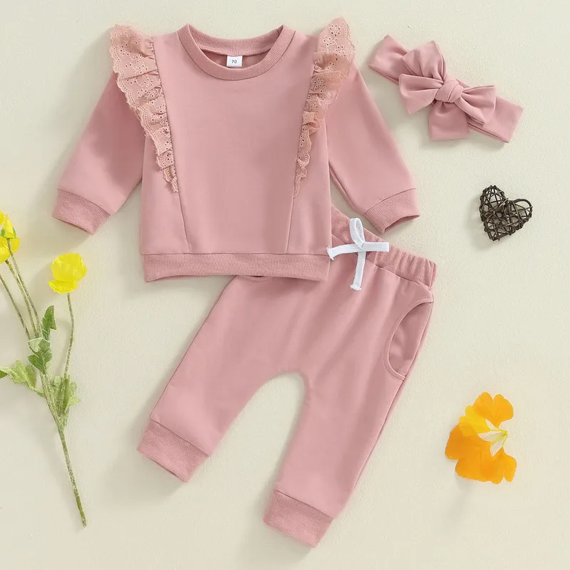 Newborn Baby Girl Pant Sets 2Pcs Fall Outfits Long Sleeve Lace Patchwork Pullover and Pants Set Toddler Clothes