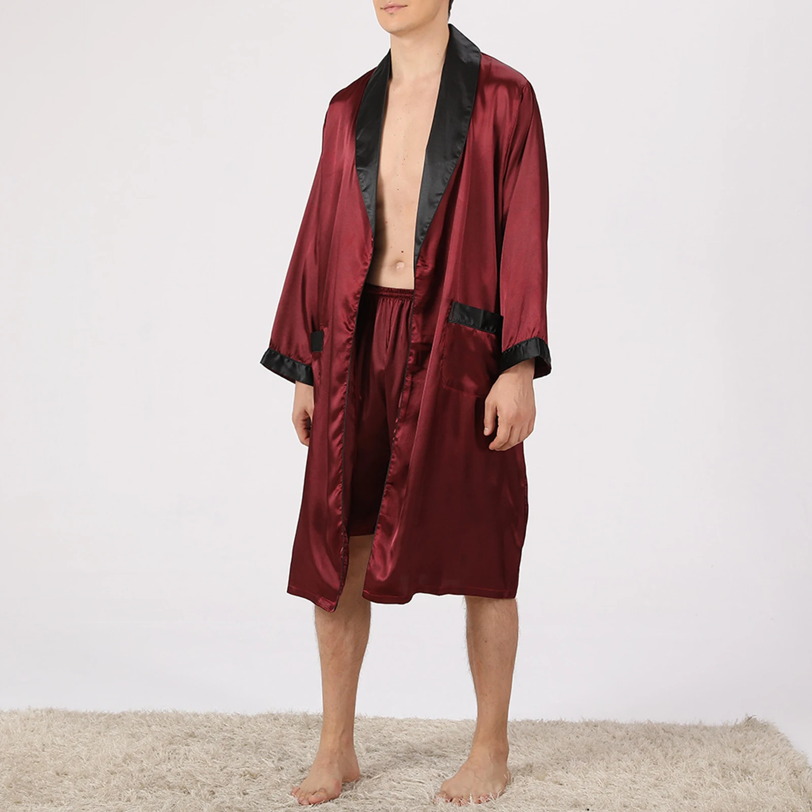 Douhoow Men Pajama Set Summer Male Long Sleeve Open Front Robe with Shorts and Belt Sleepwear Loungewear