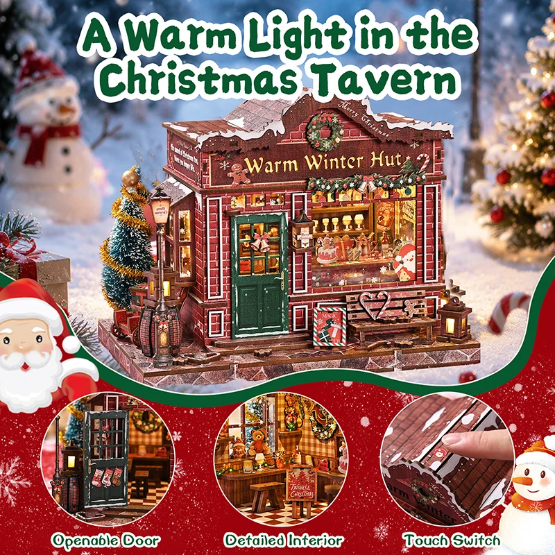 Warm‑Winter Cottage DIY 3D Wooden Bookend Miniature House Kit, Christmas Snow Scene Micro‑Scene Model Ornament, Creative Gift