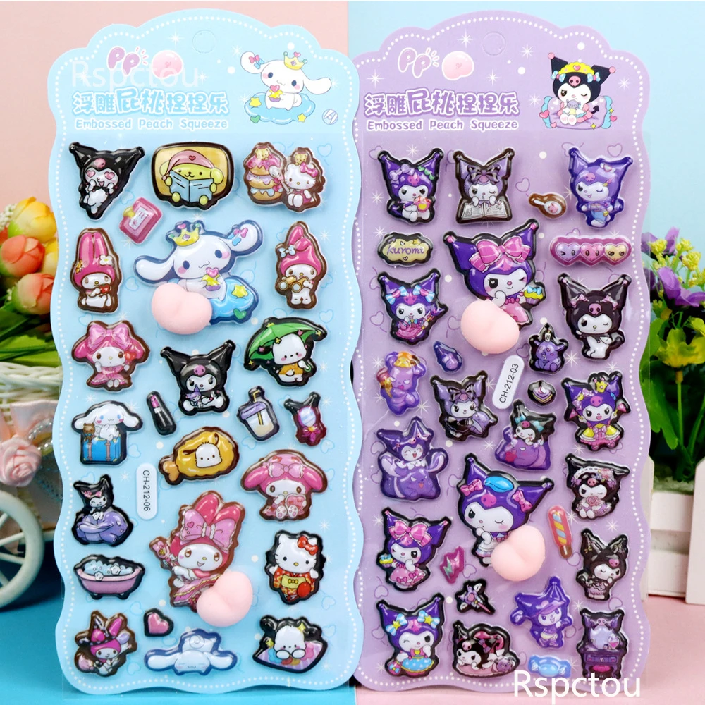 6pcs Sanrio Butt Relief Stickers Leuke My Melody Kuromi Cinnamoroll Decoratie Sticker Kawaii Stress Puffy Decals Levert