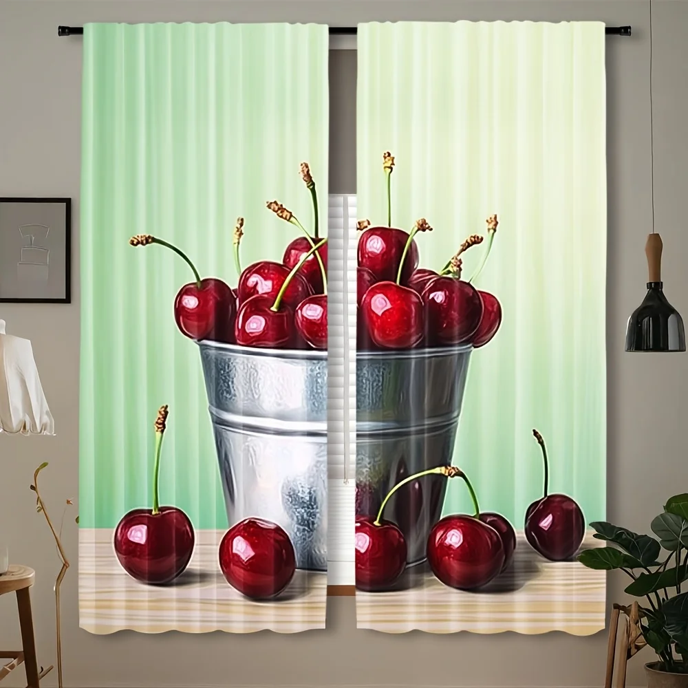 3D Red Cherry Bucket Curtain, Fresh Fruit Print Drape, Country Style Window Treatment for Kitchen Dining Room Home Decor