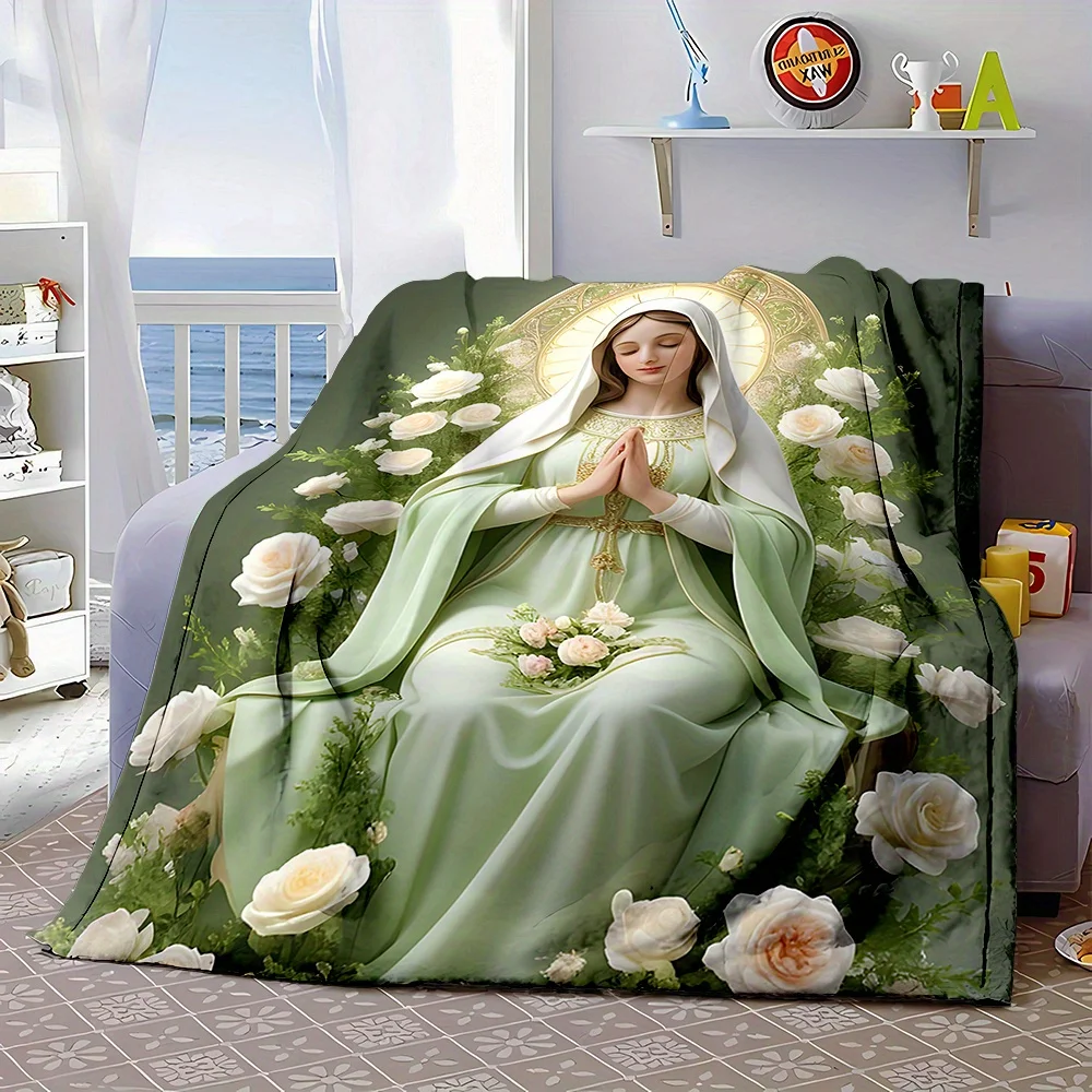 Virgin Mary & Cross Flannel Blanket, Christmas Decor, All-Season Cozy Throw, Perfect Gift for Loved Ones, for Sofa, Bed, Office