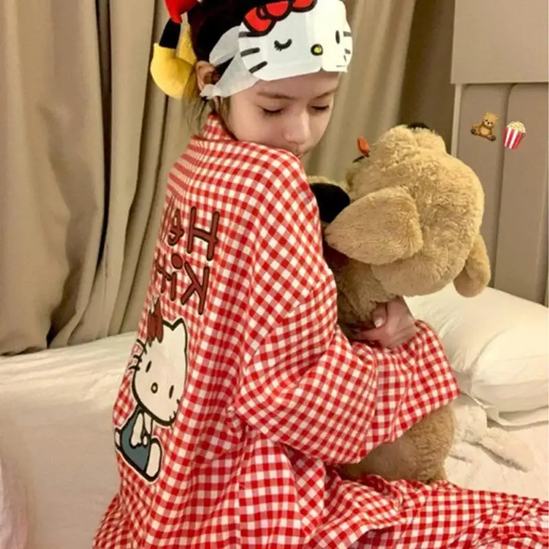 Sanrio – pyjama Hello Kitty de dessin animé, Cardigan d'été confortable, grande taille, ensemble deux pièces, vêtements de maison mignons pour filles, nouvelle collection