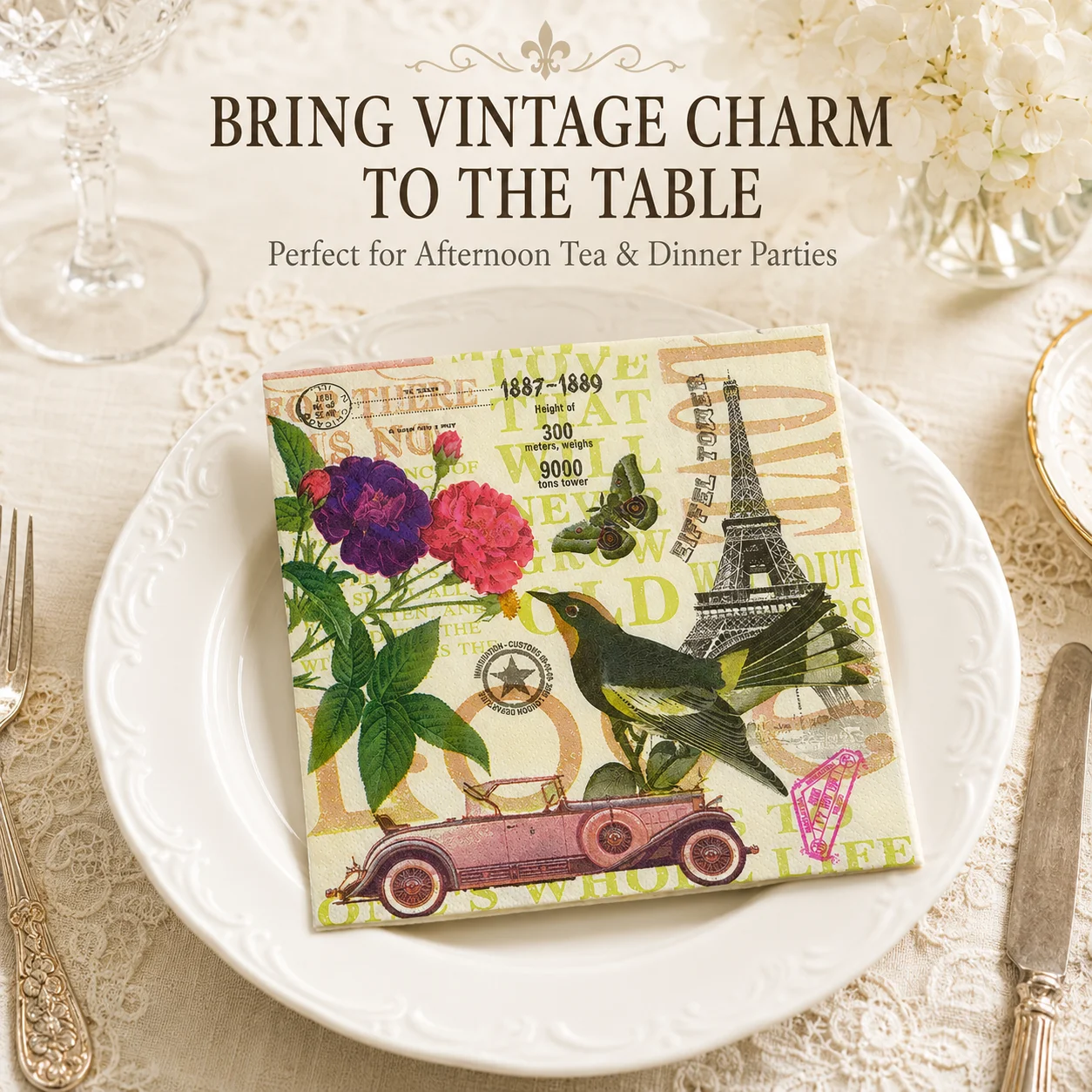 20/60PCS Vintage Paris Paper Napkins 2-Ply 33x33cm Eiffel Tower Floral Bird Serviettes for Wedding Party Table Decor