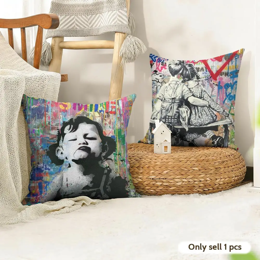 B-Banksy Graffiti Mr B-Brainwash Cushion Cover Natural Linen Organic Fabric Double-Sided Printing Room Sofa Decor Pillow Case