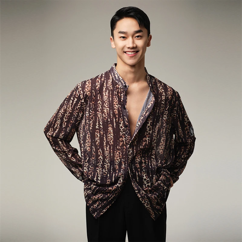 Robe de pratique latine personnalisée pour hommes, vêtements de Performance, édition ample, imprimé panthère jaune, col montant, petit haut à manches longues