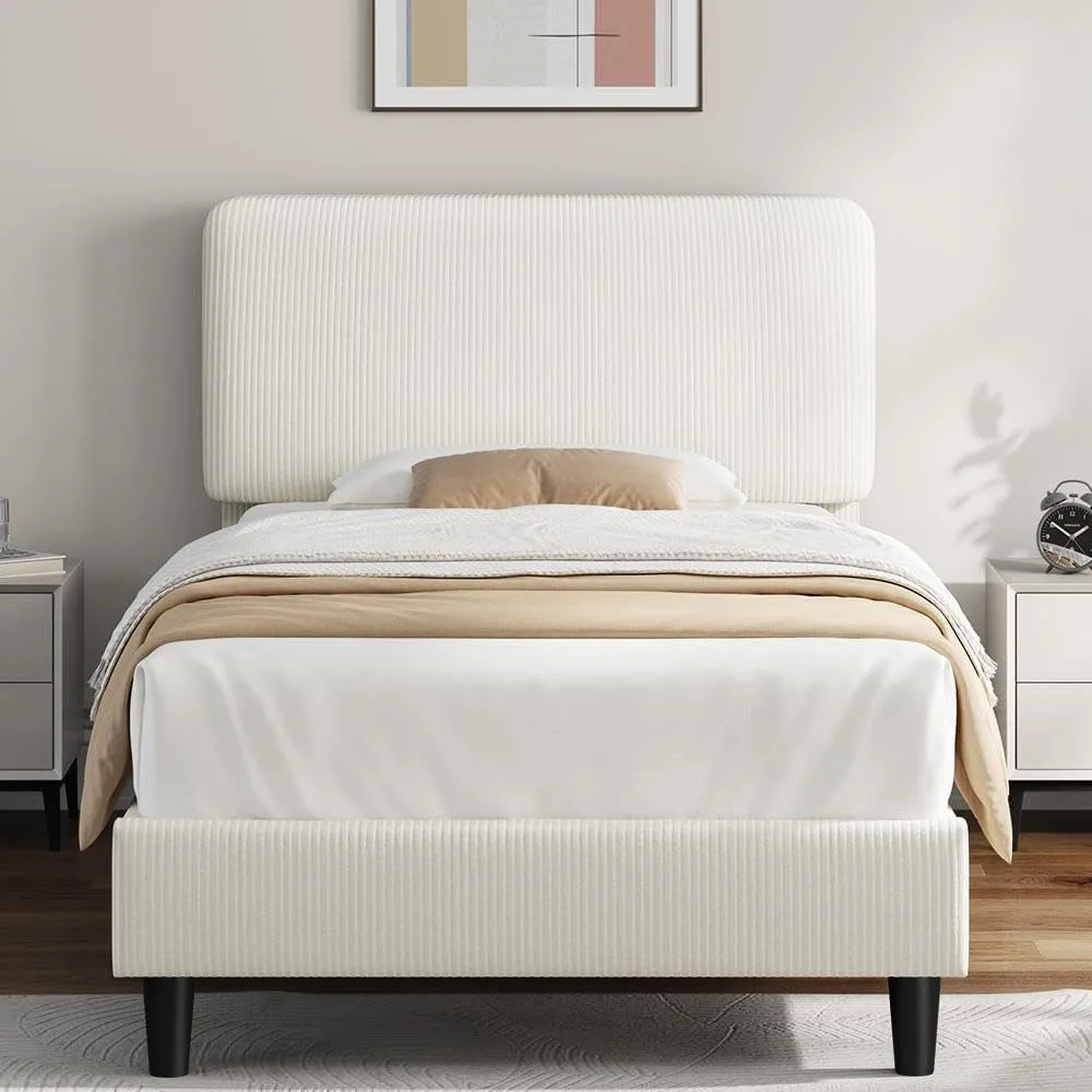 Twin Bed Frames with Adjustable Headboard, Chenille Fabric Upholstered Headboard/Platform Bed, Twin Size Bed Frame