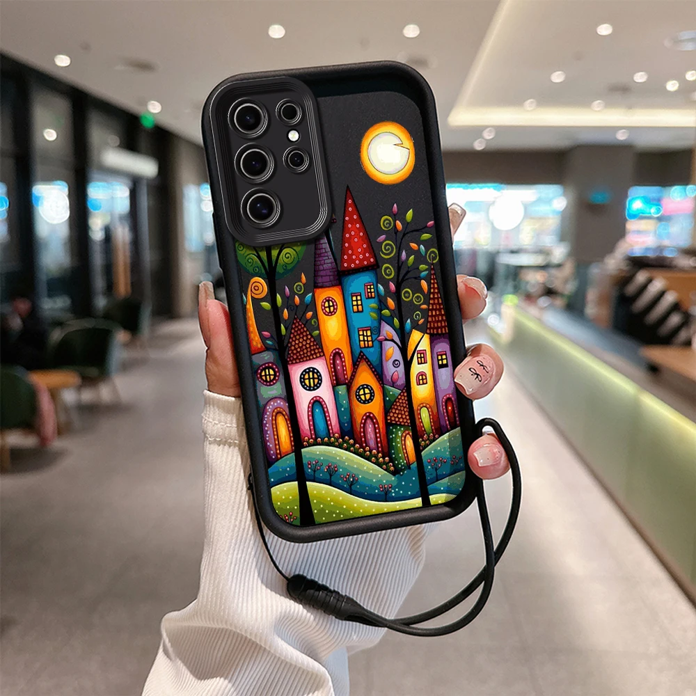 Hand Painted Forest House Illustration Phone Case for Samsung S24 S23 S22 S21 S20 Plus Soft Silicone TPU Cover with Hand Strap