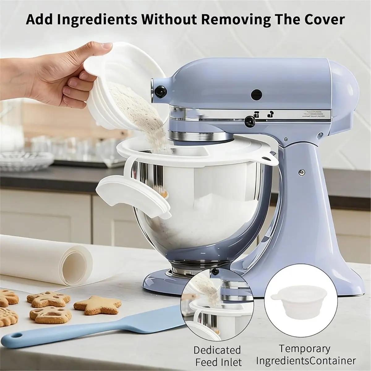 Multi-use Gear  Bowl Cover for Kitchen Aid 4.5-5 Qt Tilt-Head Stand Mixer Silicone Splash Guard with Foldable Measuring Bowl