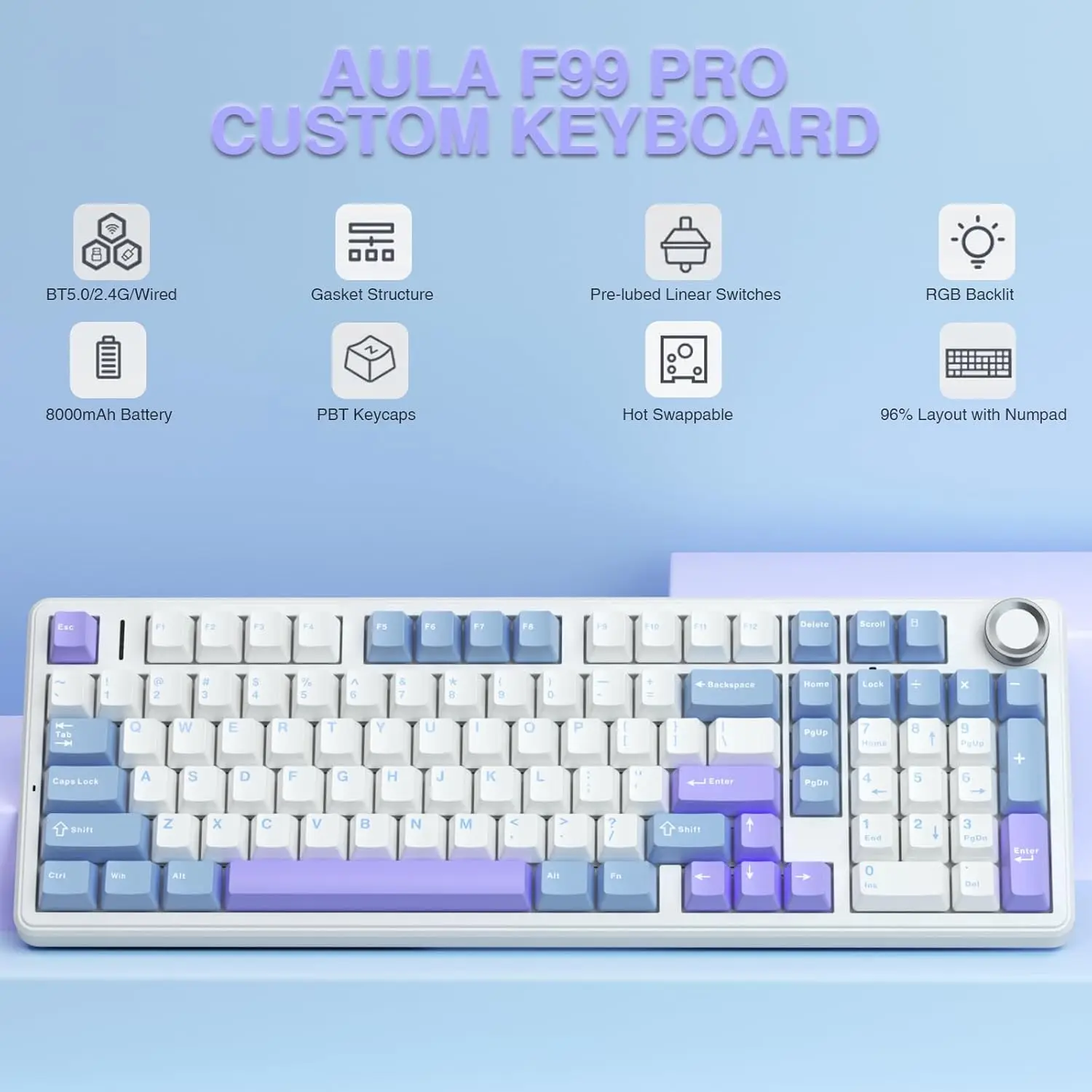 AULA F99 Pro Wireless Mechanical Keyboard with Knob Creamy Sound Tri-Mode Hot-Swappable Gasket Structure RGB Backlit for Gaming