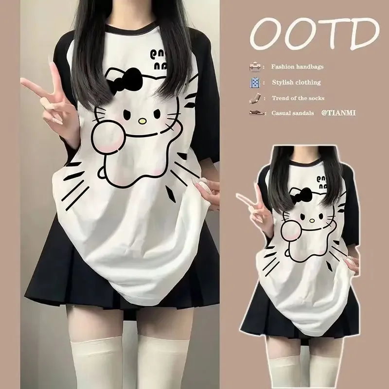 Summer New Hello Kitty Printed Short Sleeved T-shirt for Women Loose and Cute Sweet Color Blocked Shoulder Top Ins Style