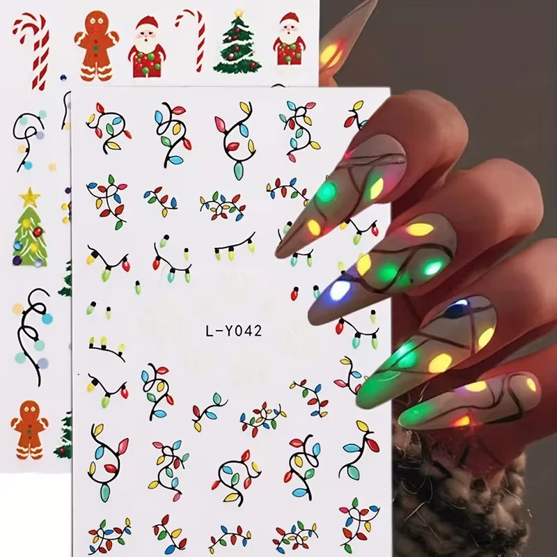 ثلاثية الأبعاد مضيئة عيد الميلاد مسمار الفن ملصقات اكاليل قزم الانحناء الزهور الخضراء يترك توهج في الظلام ذاتية اللصق عيد الميلاد مسمار الشارات #3