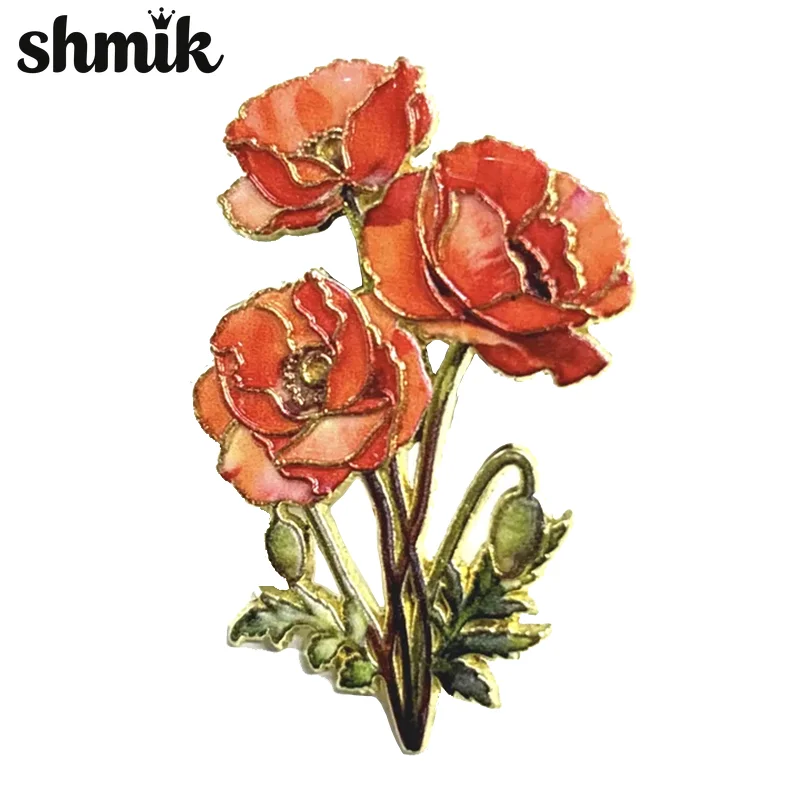 Vintage Red Wild Flower Enamel Brooch Floral Lapel Pin Botanical Costume Jewelry for Women Coat Scarf Wedding Accessory