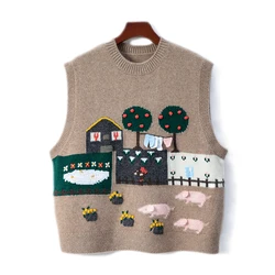 100% cashmere waistcoat women's high-end shirt folded Piglet sweater embroidered round neck sleeveless knit vest