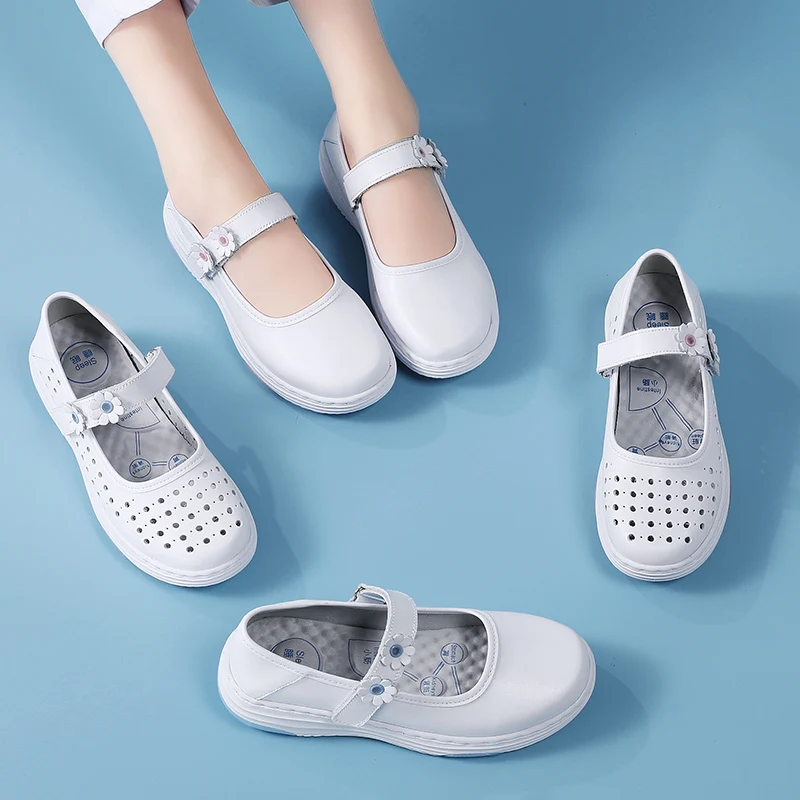 STRONGSHEN Genuine Leather Women Nurse Shoes Soft Soles Hollow Out Breathable Comfortable Non Slip Wedges White Ladies Loafers