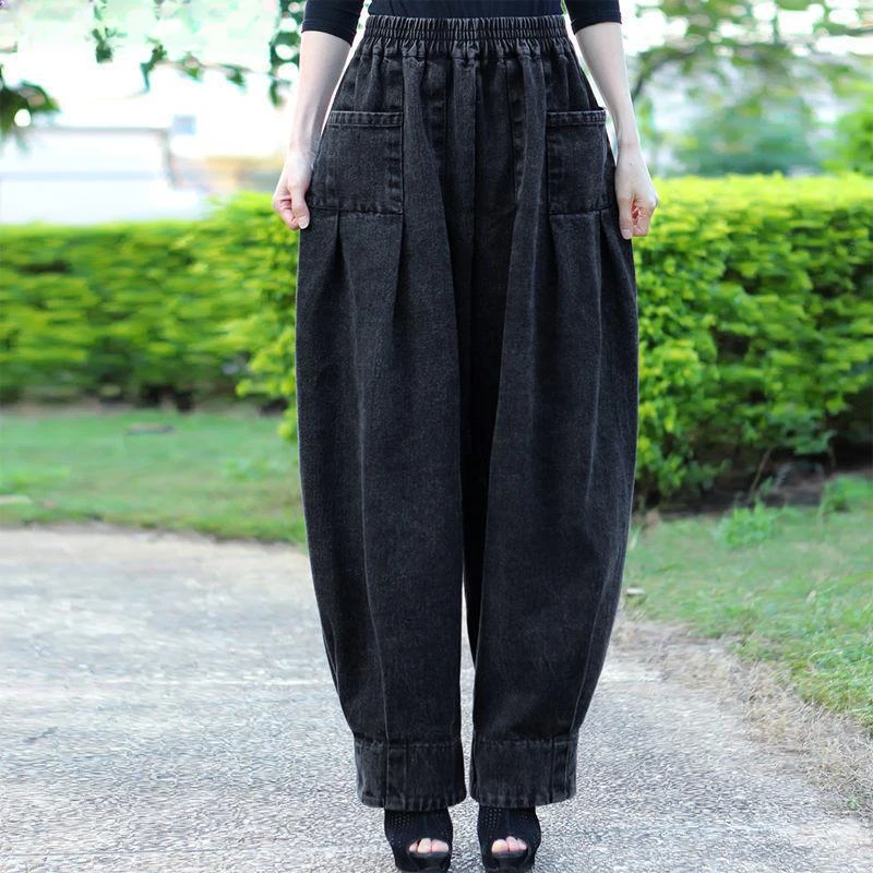 Loose Elastic Waist Wide Leg Pants Women Jeans New Personality Pleated Solid Color Vintage Spring Casual Trousers  K32