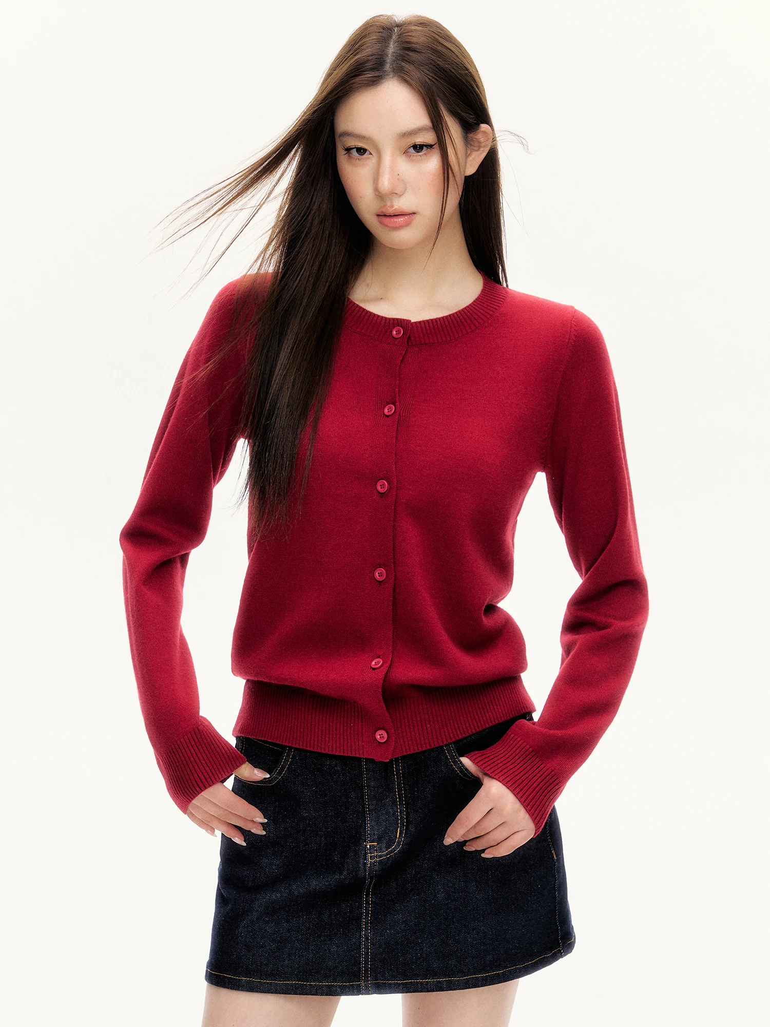 Red Knitted Open Cardigan Sweater Women's Loose Outerwear Spring 2025 American Retro Sle 0PASSION Commute Faion