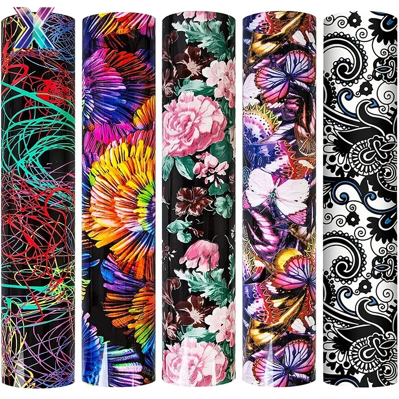 XFX HTV Pattern HTV Heat Transfer Vinyl Colorful Heat Transfer Paper 12x10In Butterflies Flowers Pattern for T-Shirt 3d Stickers