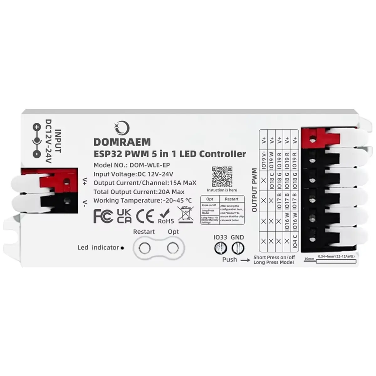 WLED Controller ESP32 PWM for Analog LED Strip for 2/3/4/5/6 Wires, White CCT RGB RGBWCCT for for