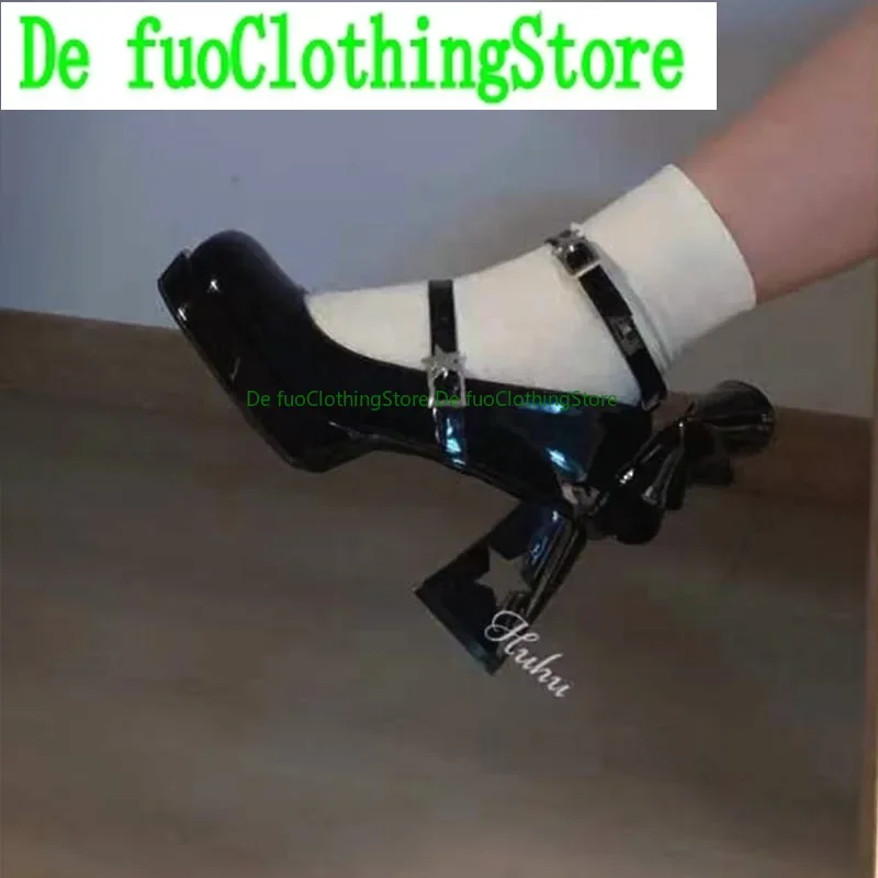 DefuoClothing ثقافة فرعية الساخن الفتاة الشرير نمط عالية الكعب لوليتا أحذية الحلو BowWomenVersatile كعب مربع أحذية من الجلد