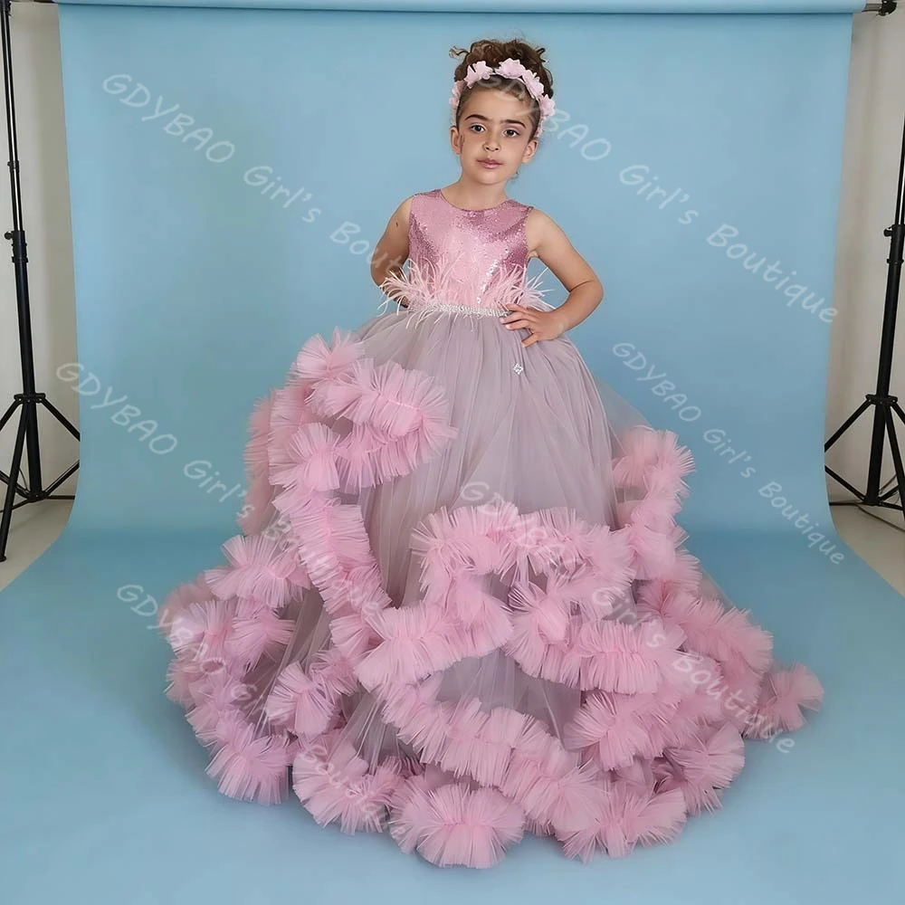 

A-line/Princess Tulle Flower Girl Dresses for Wedding 2-14 Kids Sequin Top Ruffled Tutu Pageant Dress Customized Party Ball Gown