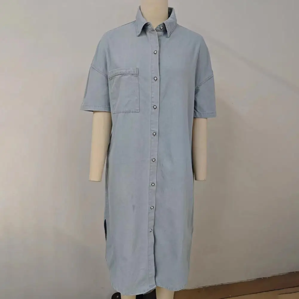

Denim Dress for Women Short Sleeve Jean Dress Button Down Lapel Shirt Dress Summer Midi Shift Long Wear with Pockets 2025 New