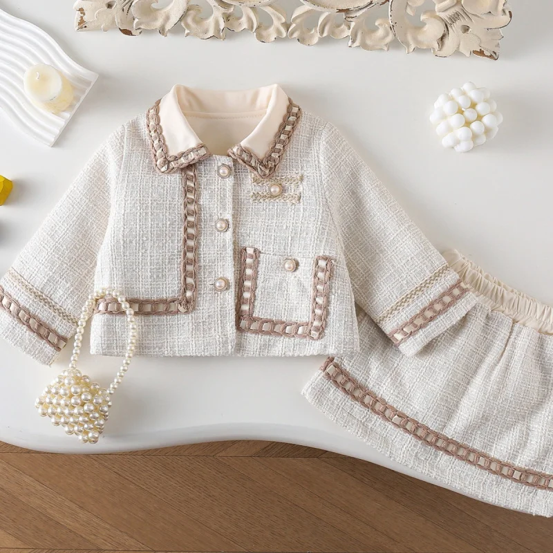

Children's Winter New Korean Style Girls' Elegant Jacket with Short Skirt and Cotton Two-Piece Set