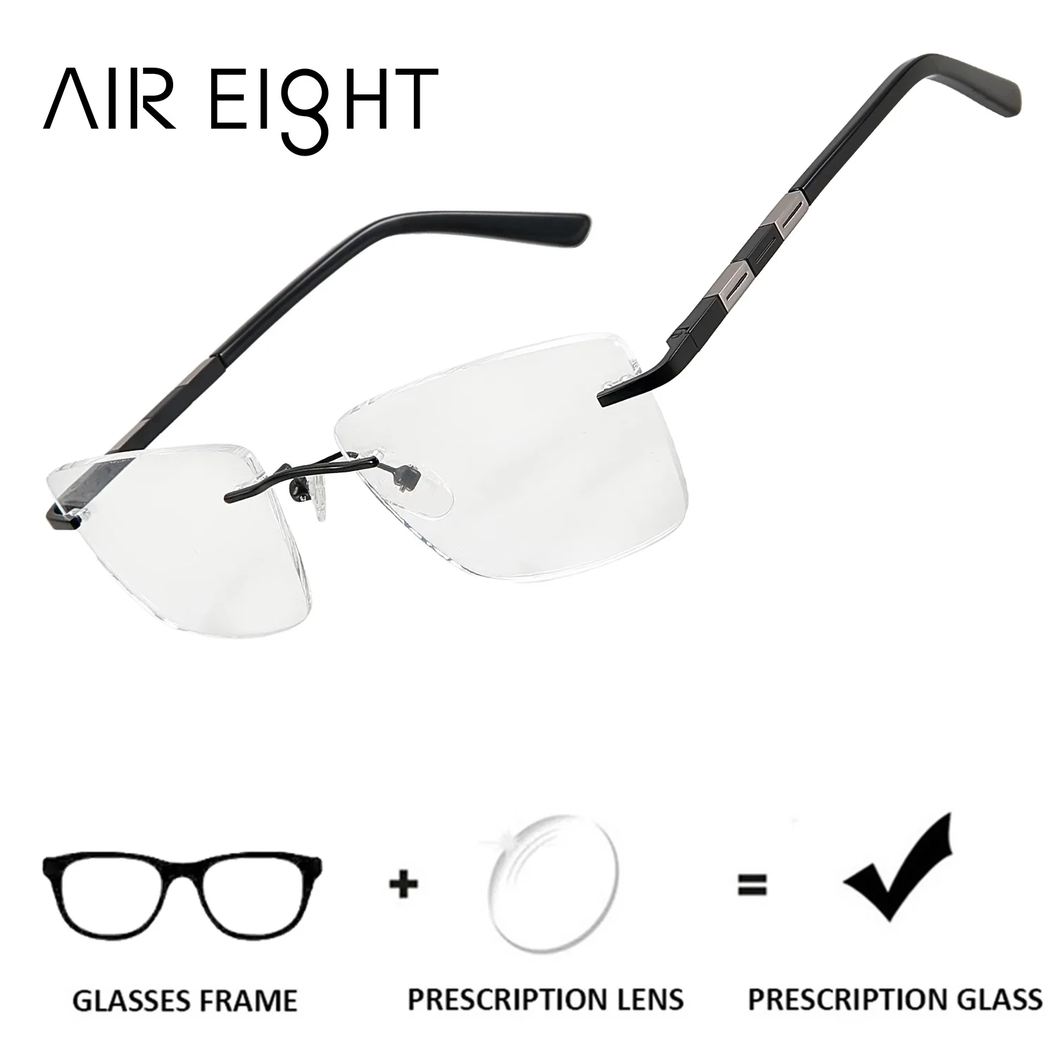 AIR EIGHT Rimless Rectangle Metal for Men Prescription Eyewear Progressive Myopia Lenses Blue Light Blocking Eyeglasses