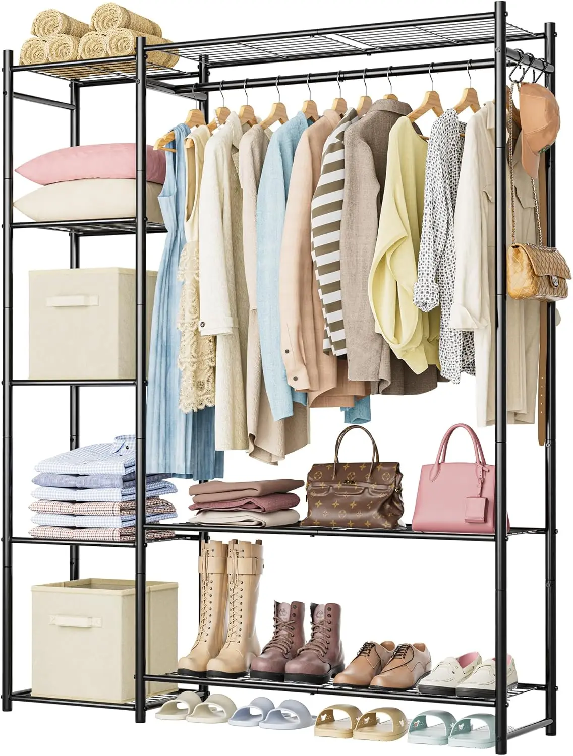 Wardrobe Closet,Portable Clothes Rack with 4 Tiers Shelves, Hanging Rods,Steel Clothing Rack Suitable.Black