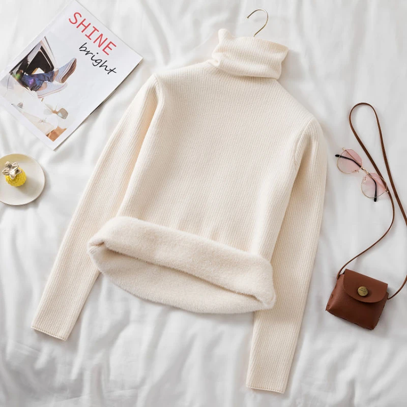 2023 Winter Plus Thick Velvet knit Sweater Bottoming shirt Velvet lining Warm Pullover Sweater female Fashion Thick Sweater image 3