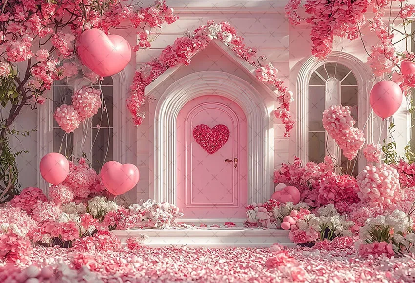 Mehofondการถ่ายภาพพื้นหลังวันวาเลนไทน์บ้านสีชมพูดอกไม้บอลลูนรักเด็กวันเกิดPortrait DecorฉากหลังPhoto Studio