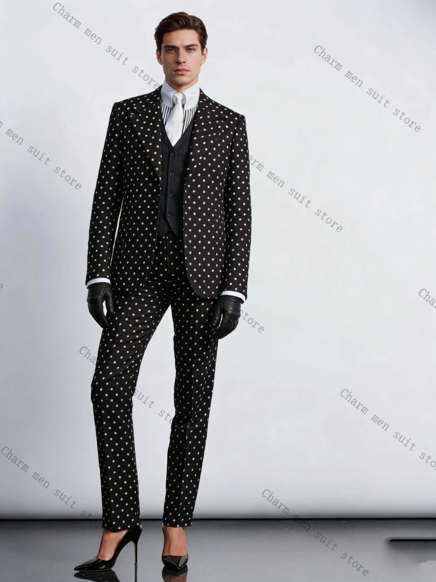 

Designer Dot Black Men Suits Set 2 Pcs Blazer+Pants Trousers Luxury Wedding Tuxedo Formal Office Business Groom Jacket Coat