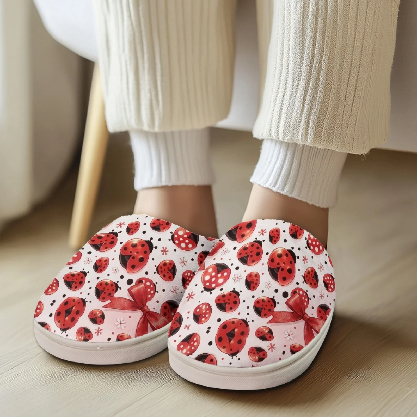 PENSTROLL Red Ladybug Print Full Toe Fleece Slippers Home Shoes Wfh Cozy Essentials Slippers Cozy Slides For Healthcare Workers
