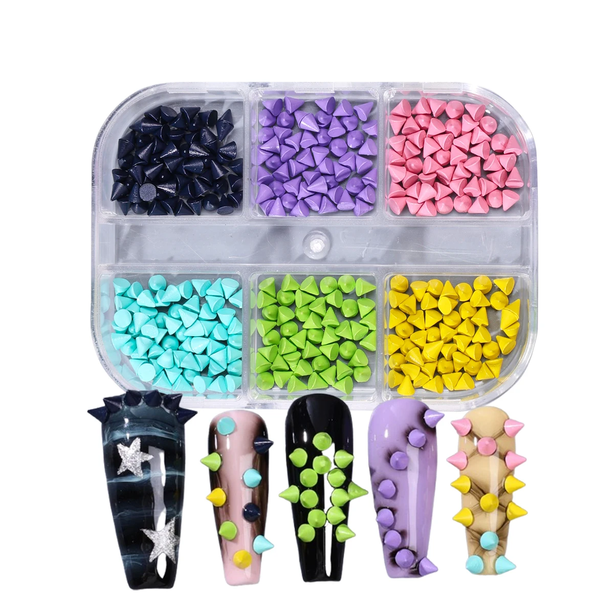 6-fach farbige Nieten-Nagelcharms im Y2K-Punk-Stil, Dopamin-Kegel-Schmuck, schwarze kreative Spike-Legierungs-Nieten, süße Halloween-Maniküre-Deko