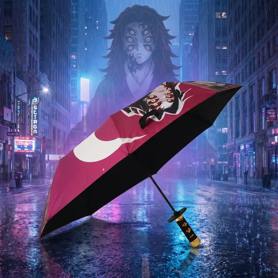 Demon Slayer Katana Regenschirm Kokushibo Faltbarer Schwarzer Sonnenschirm Kimetsu No Yaiba Echtes Japanisches Säbel-Samurai-Schwert Regenschirm Regenmantel