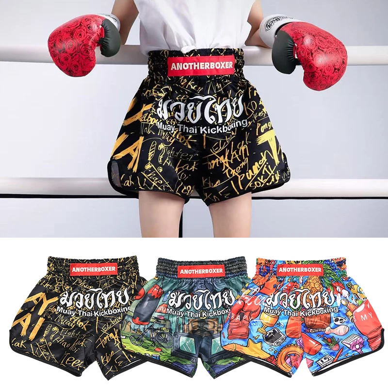 Kids Muay Thai Shorts Youth Kickboxing Boxing Trunks Breathable Satin Fight Shorts Grappling MMA Training Shorts for Boys Girls