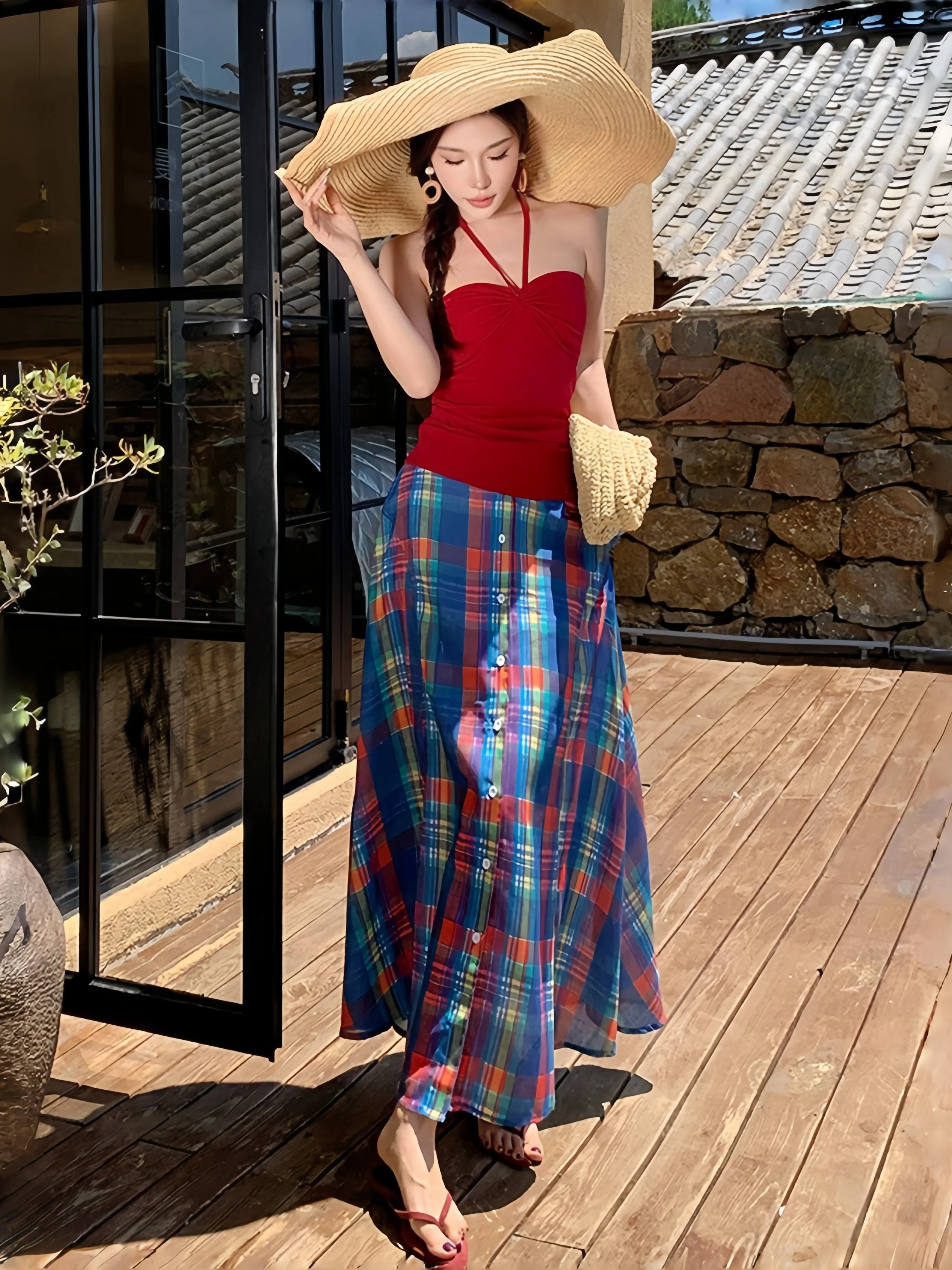 

Unique Red Plaid Halter Top And Skirt Set Women's Fashion Slimming Two-Piece Outfit Breathable Lightweight Summer Casual Wear